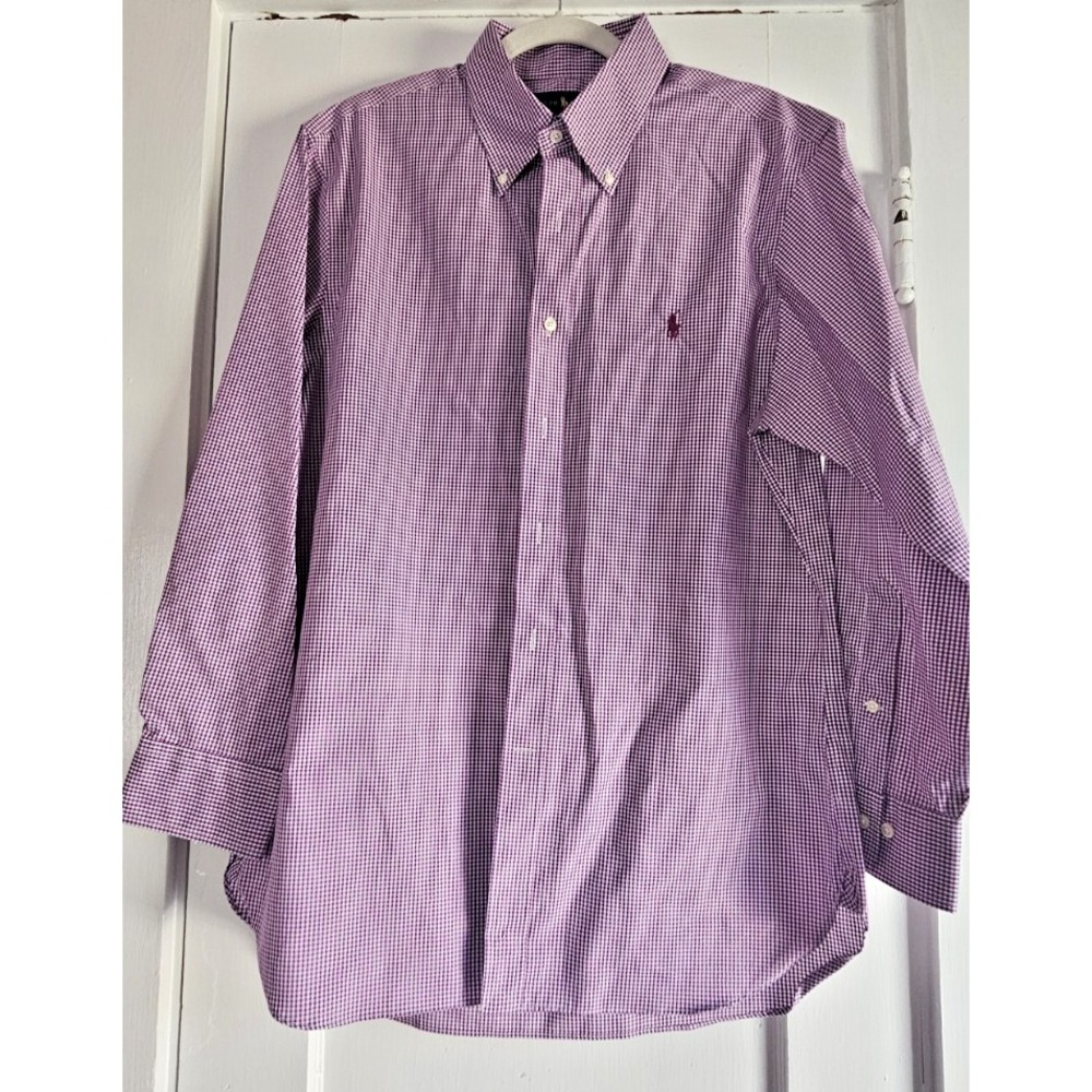 RALPH LAUREN slim fit easy care purple white gingham checkered shirt 16.5/32-33